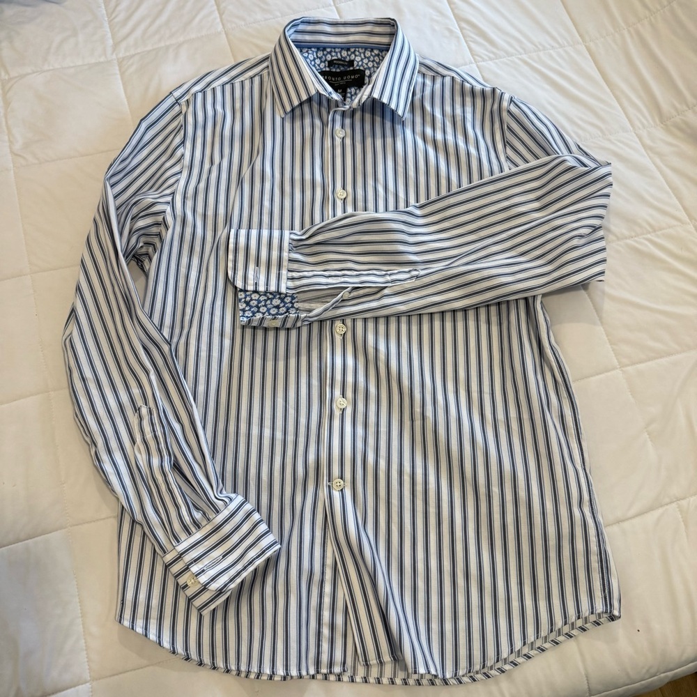 5 for $25!! PRONTO UOMO Blue White Stripes Long Sleeve Shirt Modern Fit Medium